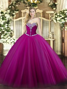 Designer Tulle Sweetheart Sleeveless Lace Up Beading Sweet 16 Quinceanera Dress in Fuchsia