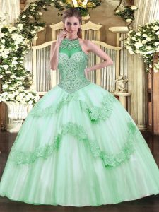 Ball Gowns Quinceanera Dresses Apple Green Halter Top Tulle Sleeveless Floor Length Lace Up