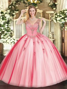 Glittering Sleeveless Tulle Floor Length Lace Up Sweet 16 Quinceanera Dress in Coral Red with Beading