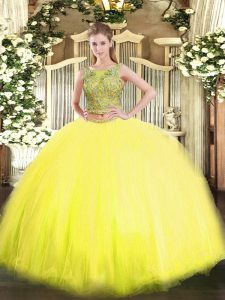 Fine Yellow Tulle Lace Up Scoop Sleeveless Floor Length Vestidos de Quinceanera Beading