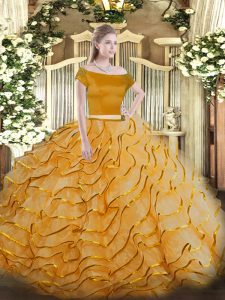 Orange Tulle Zipper 15 Quinceanera Dress Short Sleeves Brush Train Appliques and Ruffled Layers