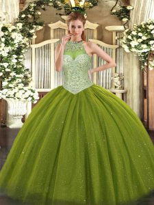Sleeveless Floor Length Beading Lace Up Vestidos de Quinceanera with Olive Green