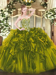 Custom Design Floor Length Olive Green Sweet 16 Quinceanera Dress Organza Sleeveless Beading and Ruffles