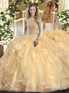 High Class Floor Length Lace Up Sweet 16 Quinceanera Dress Champagne for Military Ball and Sweet 16 and Quinceanera with