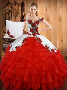 Sleeveless Floor Length Embroidery and Ruffled Layers Lace Up Sweet 16 Quinceanera Dress with White And Red
