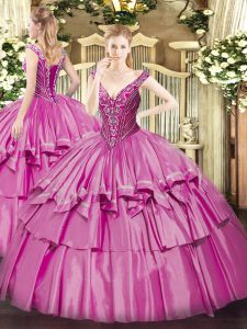 Floor Length Lace Up Quinceanera Dresses Lilac for Military Ball and Sweet 16 and Quinceanera with Beading and Ruffled L