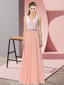 Smart Peach Empire V-neck Sleeveless Chiffon and Lace Floor Length Backless Beading Prom Dresses