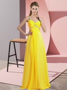 Cheap Yellow Sleeveless Floor Length Beading Lace Up Homecoming Dress