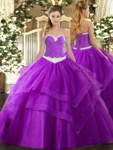Attractive Sweetheart Sleeveless Tulle Quince Ball Gowns Appliques and Ruffled Layers Lace Up