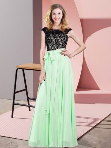 Pretty Apple Green Empire Lace and Belt Lace Up Chiffon Sleeveless Floor Length