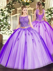 Sleeveless Floor Length Beading and Appliques Lace Up Quinceanera Gown with Lavender