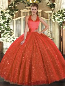Customized Rust Red Lace Up Halter Top Sequins Sweet 16 Quinceanera Dress Tulle Sleeveless