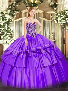 Admirable Purple Ball Gowns Sweetheart Sleeveless Organza and Taffeta Floor Length Lace Up Beading and Ruffled Layers Qu