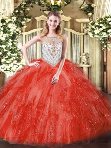 Edgy Floor Length Coral Red Sweet 16 Quinceanera Dress Scoop Sleeveless Zipper