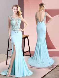 Noble Backless Prom Evening Gown Aqua Blue for Prom and Party with Beading Sweep Train