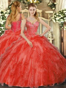Red Lace Up 15 Quinceanera Dress Beading and Ruffles Sleeveless Floor Length