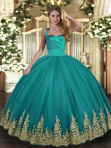 Super Sleeveless Floor Length Appliques Lace Up Ball Gown Prom Dress with Turquoise