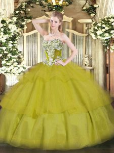 Noble Floor Length Ball Gowns Sleeveless Olive Green Quince Ball Gowns Lace Up