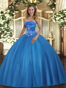 Customized Beading Quinceanera Dresses Baby Blue Lace Up Sleeveless Floor Length
