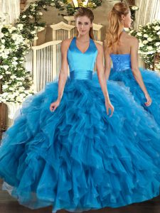 Baby Blue Sweet 16 Dress Sweet 16 and Quinceanera with Ruffles Halter Top Sleeveless Lace Up