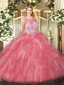 Ball Gowns Vestidos de Quinceanera Rose Pink Scoop Organza Sleeveless Zipper