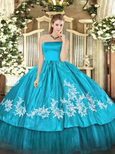 High Quality Aqua Blue Quinceanera Dress Military Ball and Sweet 16 and Quinceanera with Embroidery Strapless Sleeveless