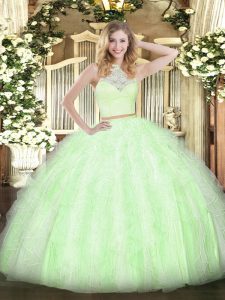 Sleeveless Tulle Floor Length Zipper Ball Gown Prom Dress in Yellow Green with Lace and Ruffles
