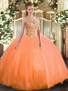 Noble Sleeveless Floor Length Embroidery Lace Up Vestidos de Quinceanera with Orange