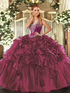 Floor Length Burgundy 15 Quinceanera Dress Straps Sleeveless Lace Up