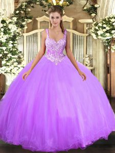 Superior Floor Length Lavender Sweet 16 Dress Straps Sleeveless Lace Up