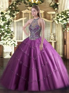 Fantastic Lilac Tulle Lace Up Halter Top Sleeveless Floor Length 15th Birthday Dress Beading