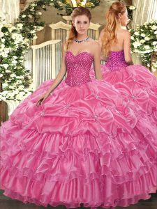 Luxury Sleeveless Organza Floor Length Lace Up 15 Quinceanera Dress in Rose Pink with Beading and Ruffled Layers and Pic