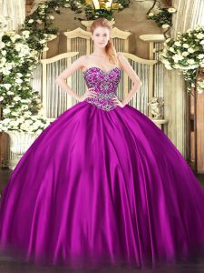 Shining Fuchsia Ball Gowns Beading Quince Ball Gowns Lace Up Satin Sleeveless Floor Length