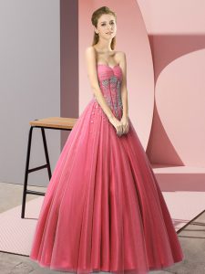 Floor Length Coral Red Prom Gown Sweetheart Sleeveless Lace Up