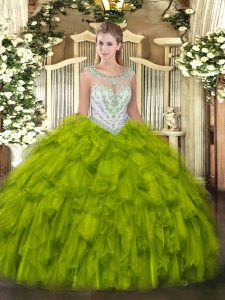 Custom Fit Olive Green Ball Gowns Tulle Scoop Sleeveless Beading and Ruffles Floor Length Zipper 15 Quinceanera Dress