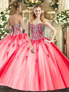 Sophisticated Tulle Sweetheart Sleeveless Lace Up Beading and Appliques 15th Birthday Dress in Coral Red