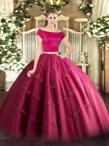 Hot Pink Two Pieces Off The Shoulder Short Sleeves Tulle Floor Length Zipper Appliques Ball Gown Prom Dress