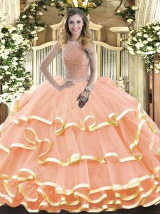 Luxury Peach Organza Lace Up High-neck Sleeveless Floor Length Quinceanera Dress Beading and Ruffled Layers