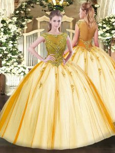 Customized Floor Length Gold Vestidos de Quinceanera Scoop Cap Sleeves Lace Up