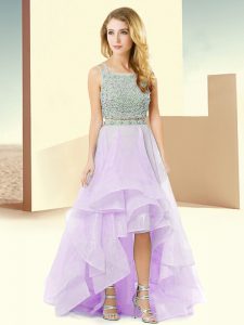 Lilac Straps Lace Up Beading and Ruffles Evening Dress Sleeveless
