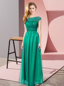 Top Selling Turquoise Empire Tulle Scoop Sleeveless Lace Floor Length Zipper Prom Party Dress