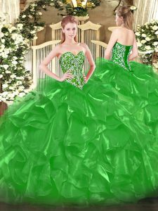 Fancy Sleeveless Floor Length Beading and Ruffles Lace Up Quinceanera Gown with Green