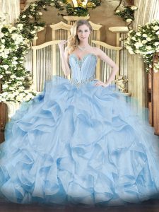 Suitable Floor Length Blue 15th Birthday Dress Organza Sleeveless Beading and Ruffles
