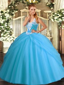 Artistic Aqua Blue Lace Up Straps Beading and Pick Ups Quince Ball Gowns Tulle Sleeveless