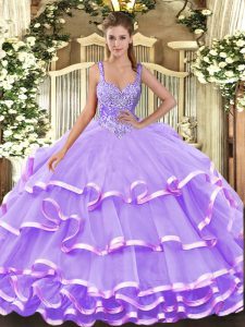 Discount Sleeveless Floor Length Beading and Ruffled Layers Lace Up Ball Gown Prom Dress with Lavender