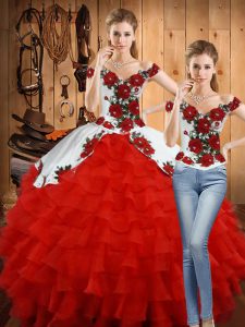 Organza Off The Shoulder Sleeveless Lace Up Embroidery and Ruffled Layers Quince Ball Gowns in White And Red