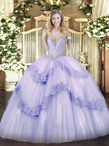 Lavender Ball Gowns Tulle Sweetheart Sleeveless Beading and Appliques Floor Length Lace Up Quinceanera Gown