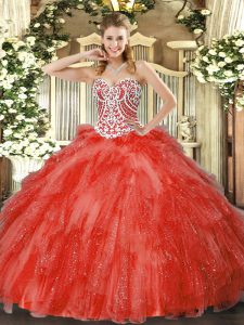 Nice Coral Red Sweetheart Side Zipper Beading and Ruffles Quince Ball Gowns Sleeveless