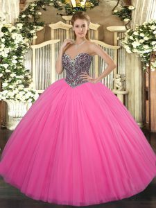 Dramatic Hot Pink Sweetheart Neckline Beading Quinceanera Gown Sleeveless Lace Up