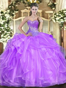 Enchanting Lilac Sleeveless Organza Lace Up 15th Birthday Dress for Military Ball and Sweet 16 and Quinceanera